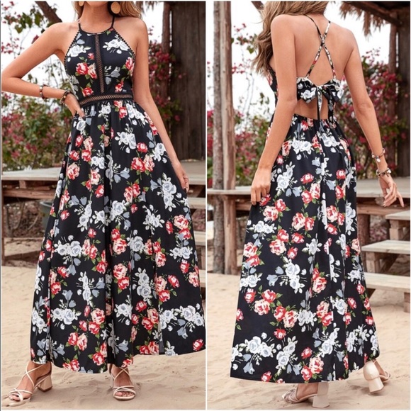 Boho Floral Print Criss Cross Crochet Maxi Dress - Picture 2 of 4